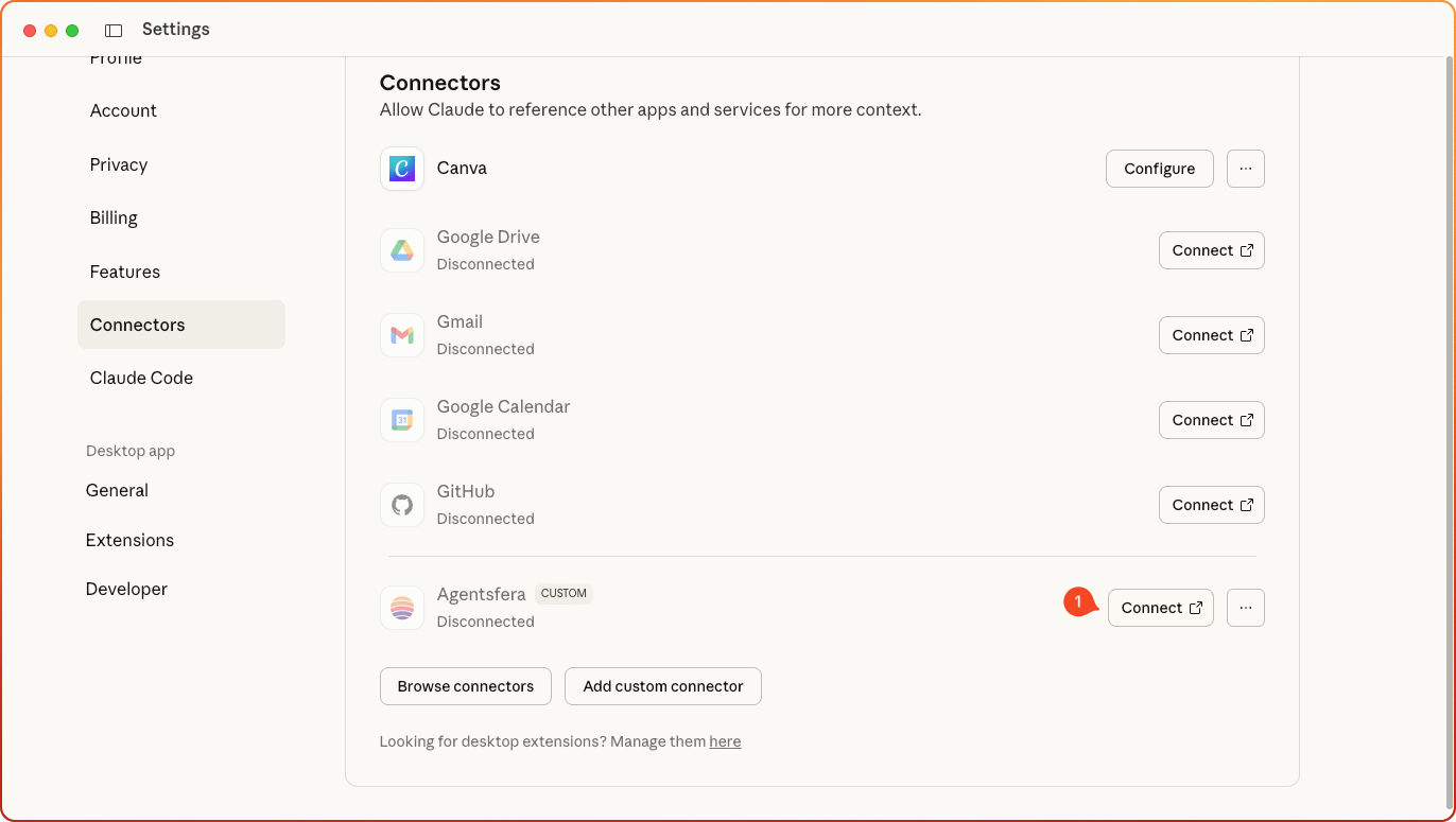 Click Connect on the connector